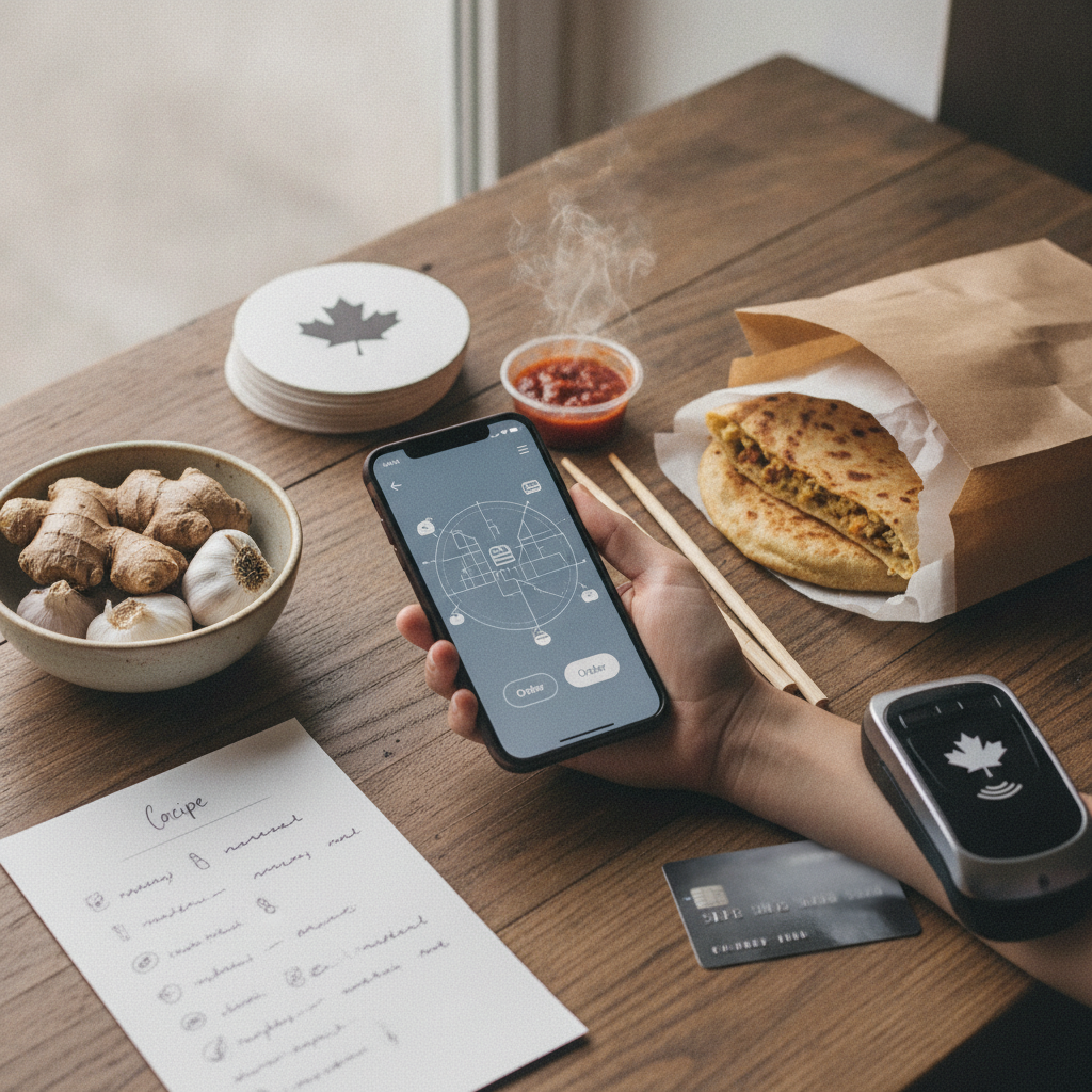 Close-up editorial detail related to toronto online food ordering tips, authentic materials and process, realistic lighting, visually distinct composi
