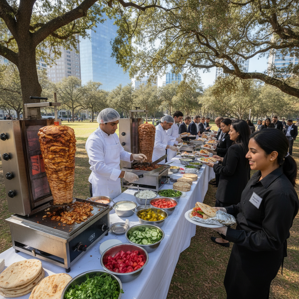 Practical real-world scene related to shawarma catering for company events, different perspective and setting, natural documentary style, no text, no