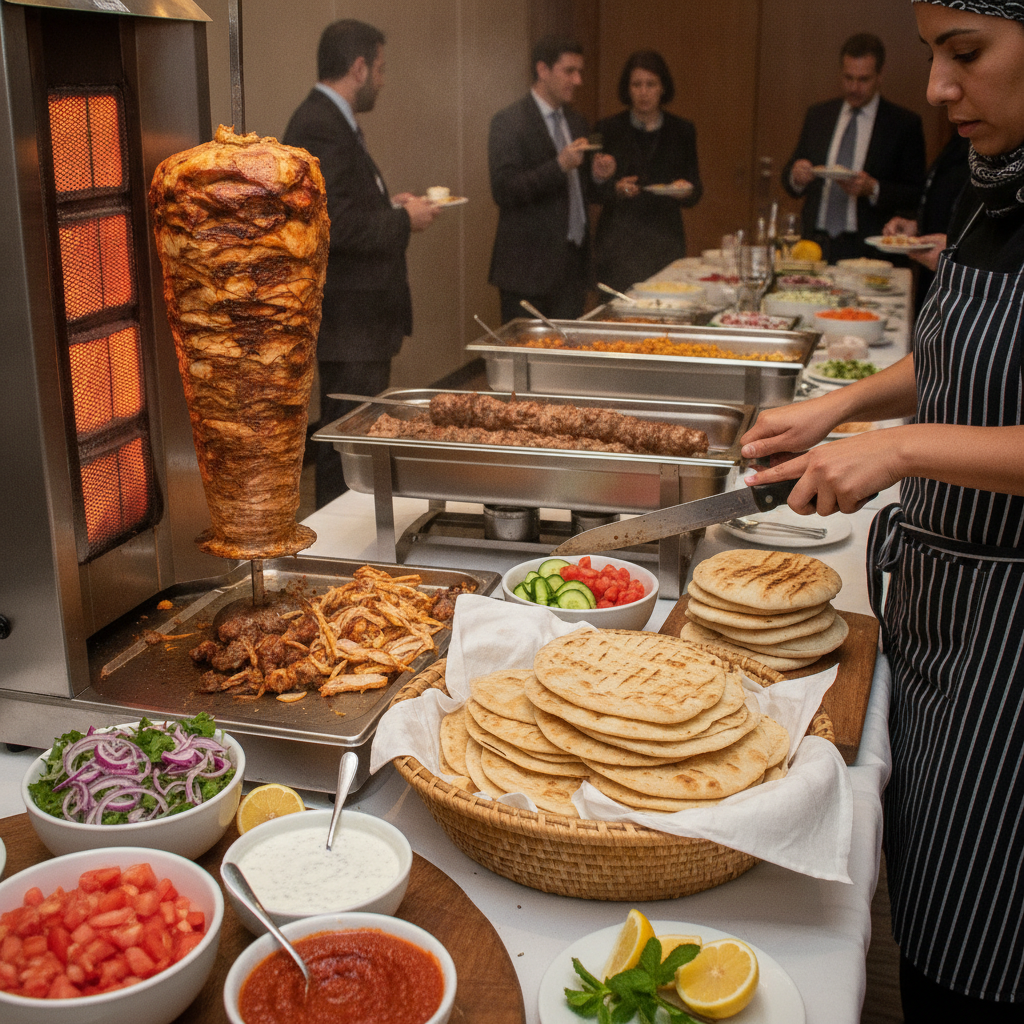 Close-up editorial detail related to shawarma catering for company events, authentic materials and process, realistic lighting, visually distinct comp