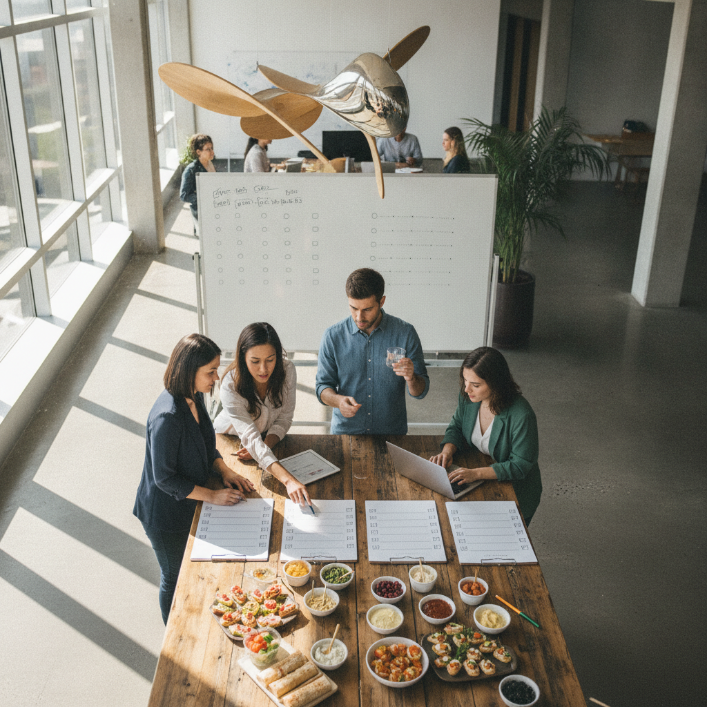 Practical real-world scene related to corporate catering planning checklist, different perspective and setting, natural documentary style, no text, no