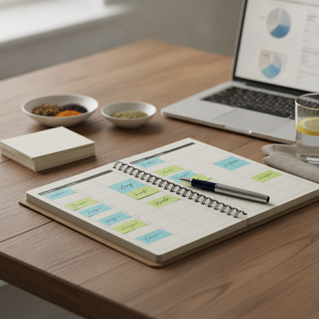 Close-up editorial detail related to corporate catering planning checklist, authentic materials and process, realistic lighting, visually distinct com