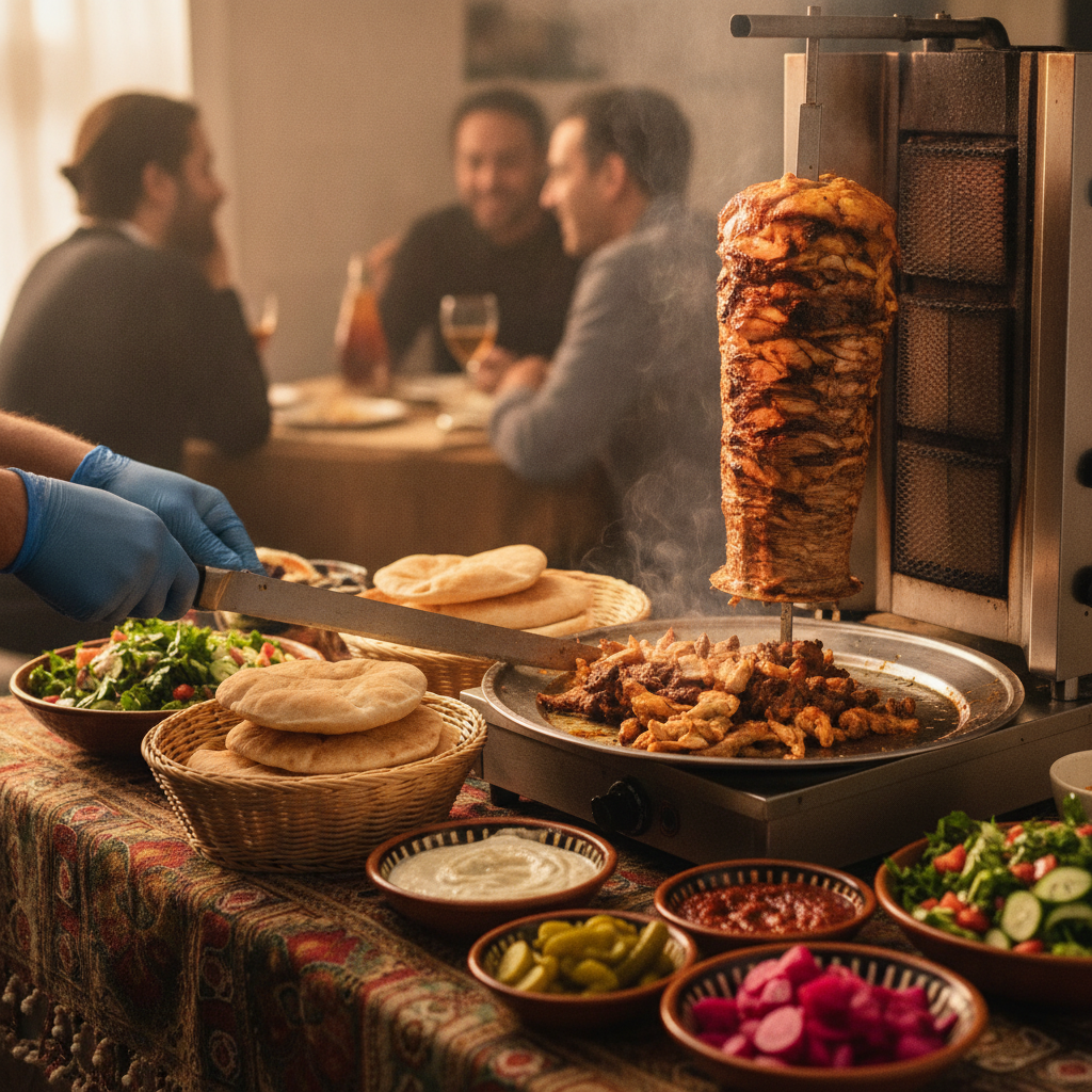 Close-up editorial detail related to shawarma catering for family parties, authentic materials and process, realistic lighting, visually distinct comp