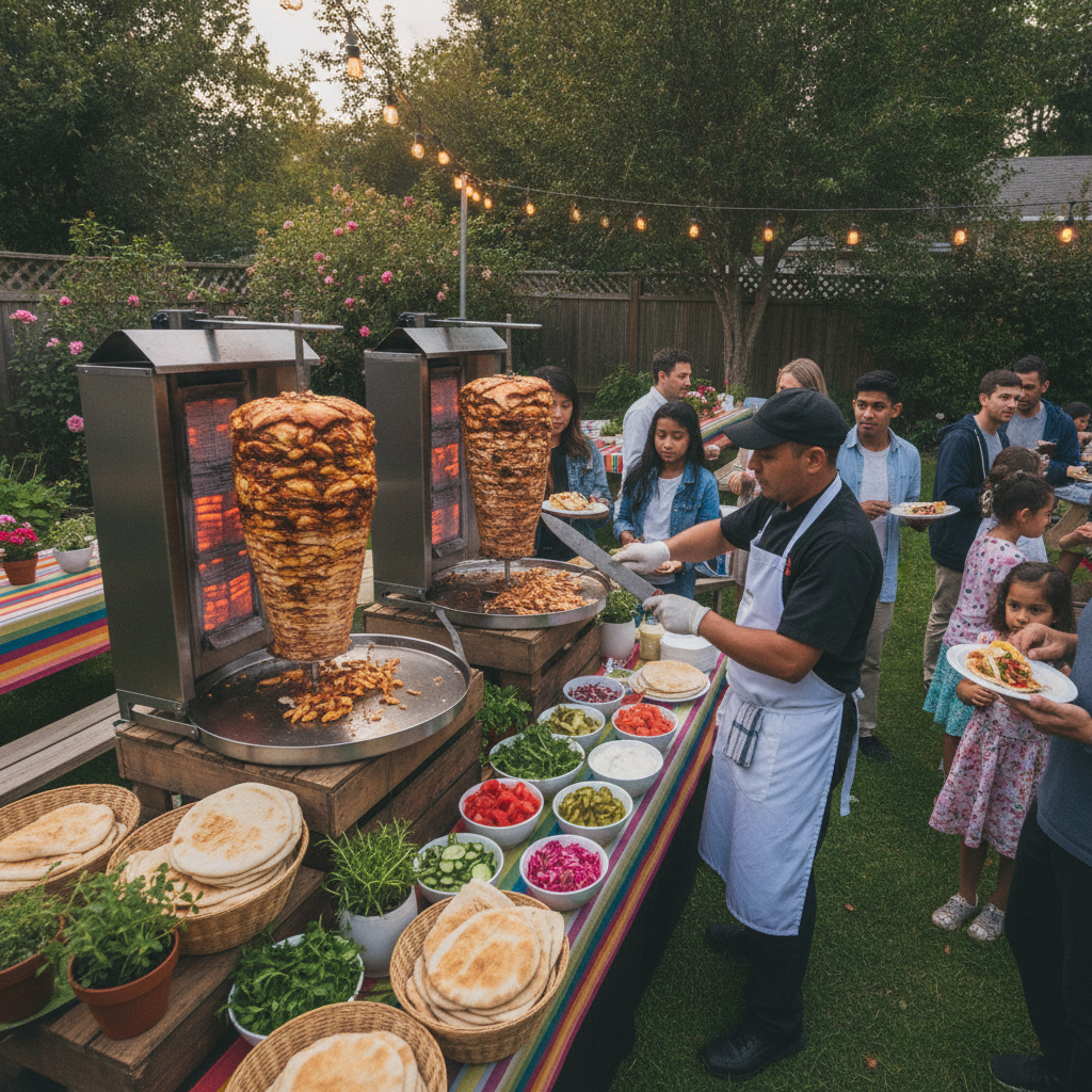 Practical real-world scene related to shawarma catering for family parties, different perspective and setting, natural documentary style, no text, no 