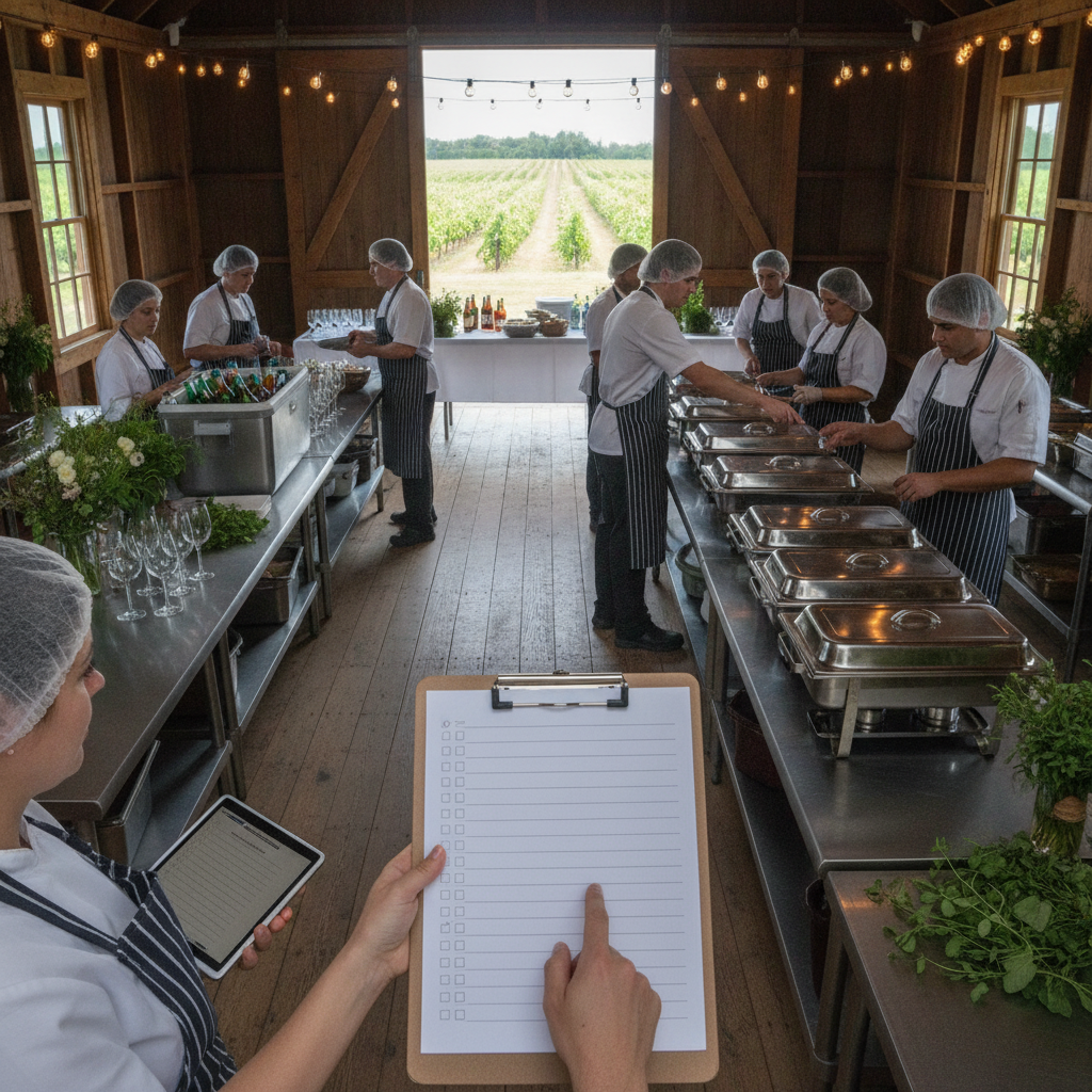 Practical real-world scene related to private event catering checklist, different perspective and setting, natural documentary style, no text, no labe