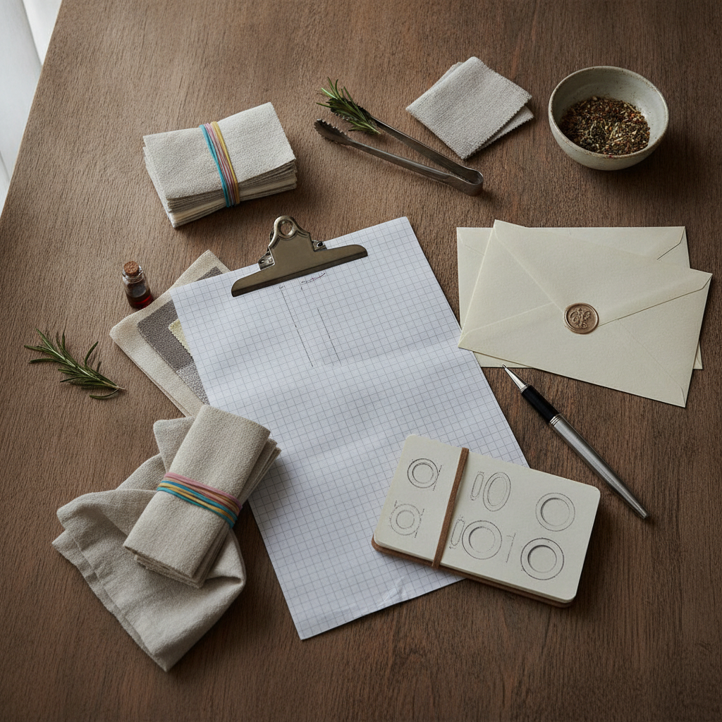 Close-up editorial detail related to private event catering checklist, authentic materials and process, realistic lighting, visually distinct composit