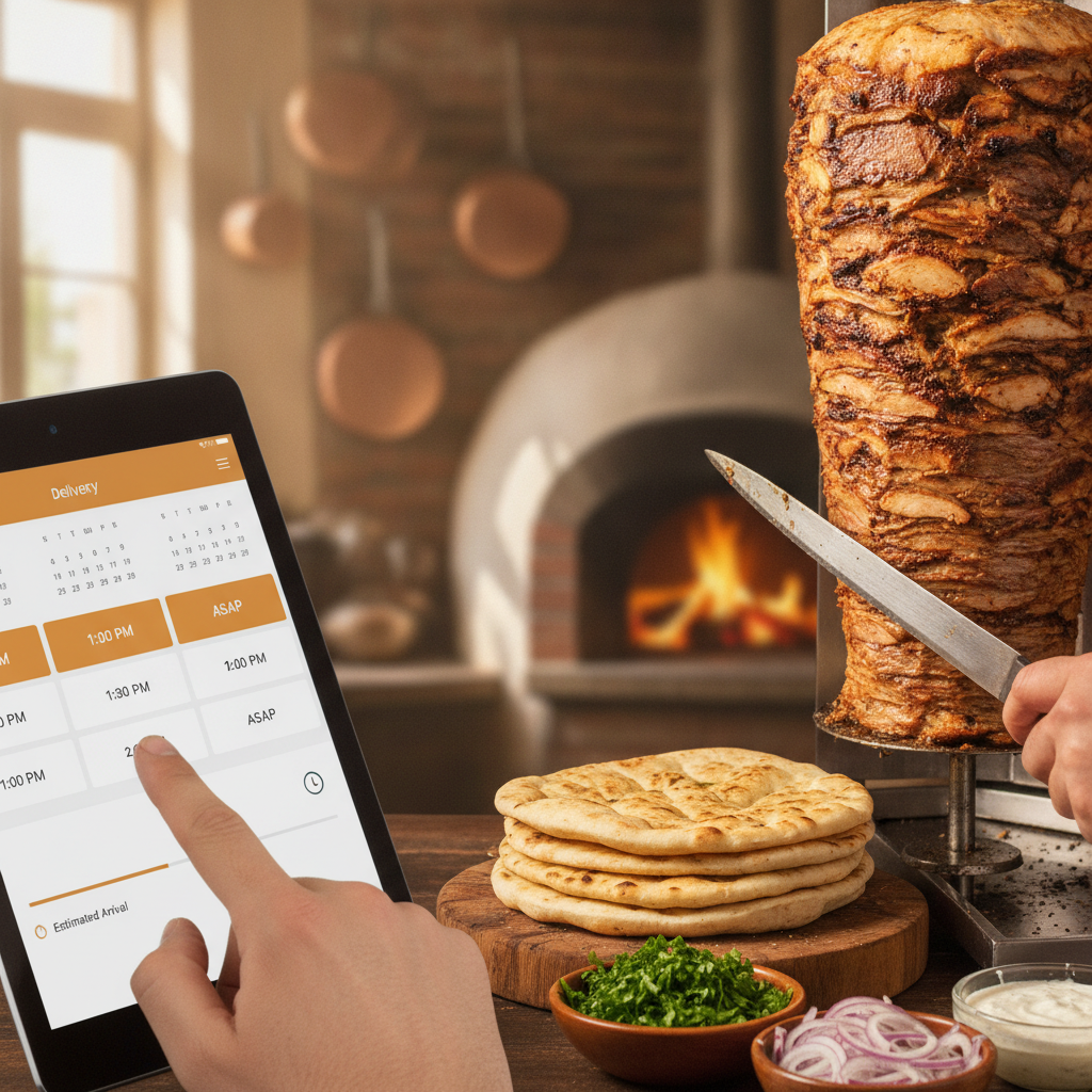 Close-up editorial detail related to how to pick shawarma delivery times, authentic materials and process, realistic lighting, visually distinct compo