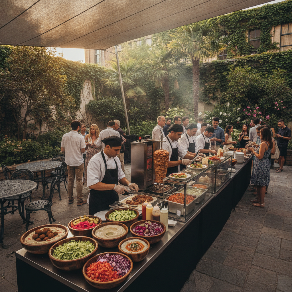 Practical real-world scene related to what to expect from shawarma catering, different perspective and setting, natural documentary style, no text, no