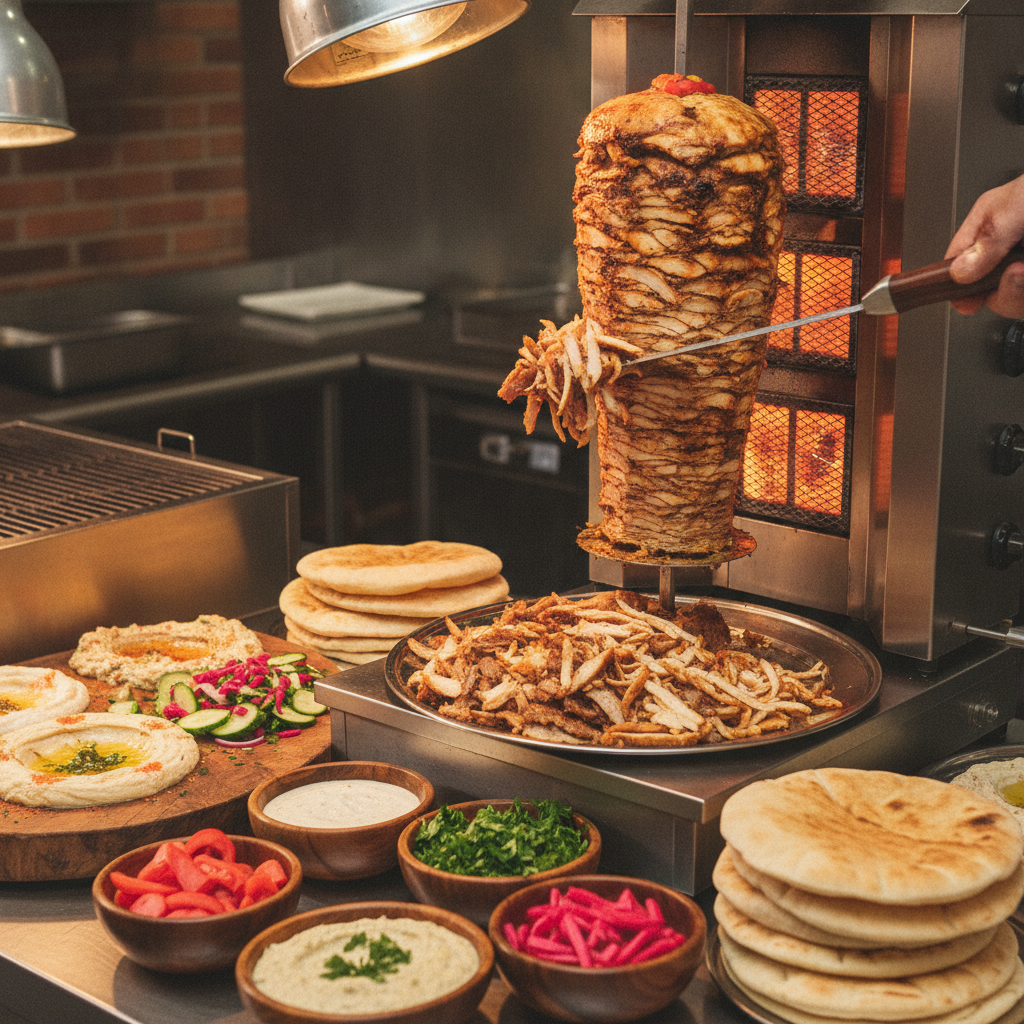 Close-up editorial detail related to what to expect from shawarma catering, authentic materials and process, realistic lighting, visually distinct com