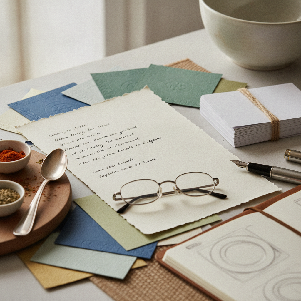 Close-up editorial detail related to catering menu planning for 20 people, authentic materials and process, realistic lighting, visually distinct comp
