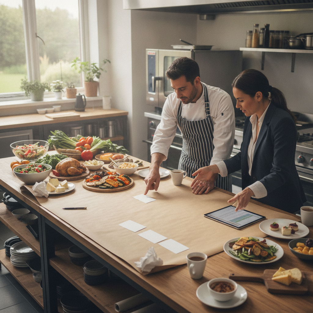 Practical real-world scene related to catering menu planning for 20 people, different perspective and setting, natural documentary style, no text, no 