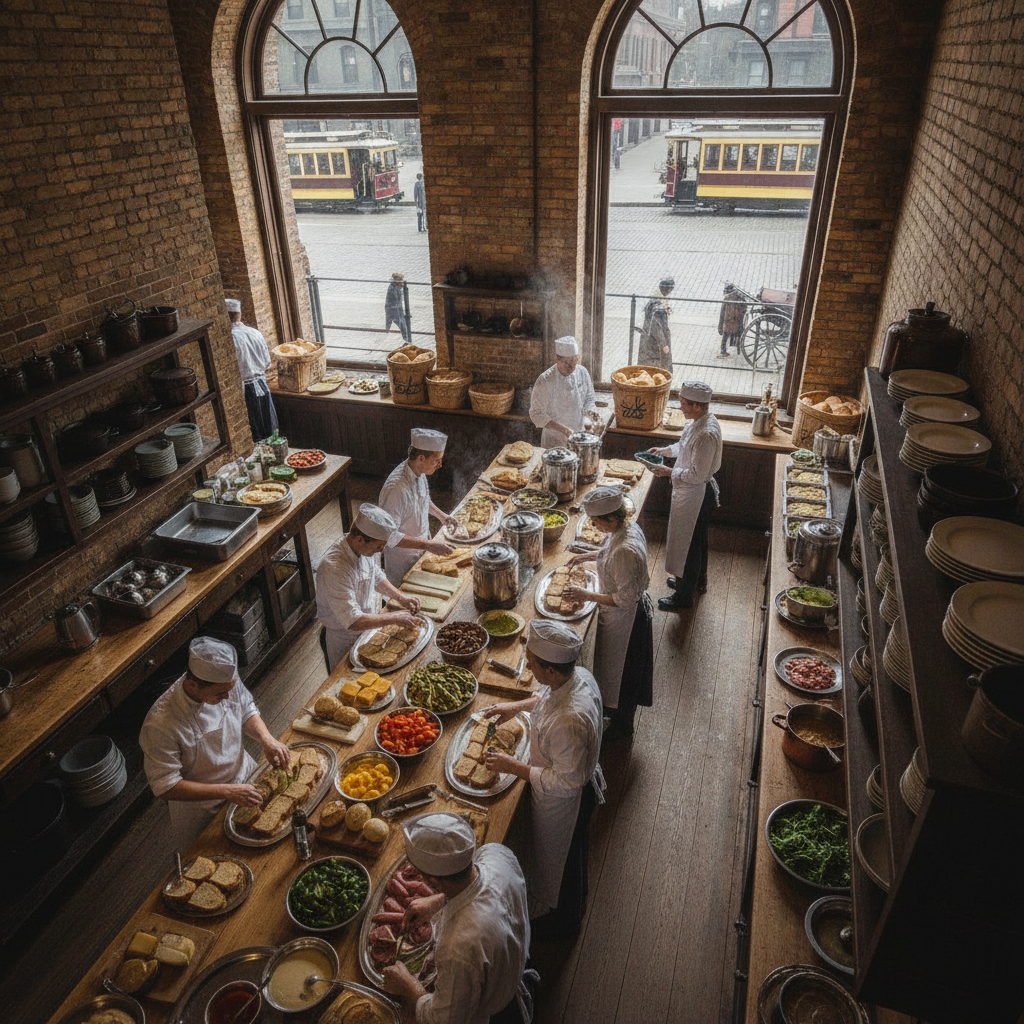 Practical real-world scene related to old toronto catering for offices, different perspective and setting, natural documentary style, no text, no labe