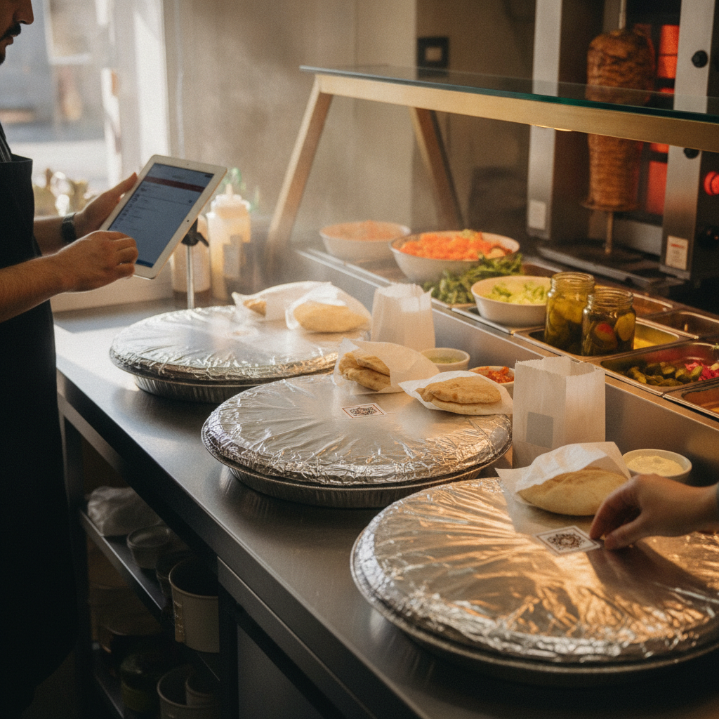 Practical real-world scene related to online ordering for shawarma platters, different perspective and setting, natural documentary style, no text, no