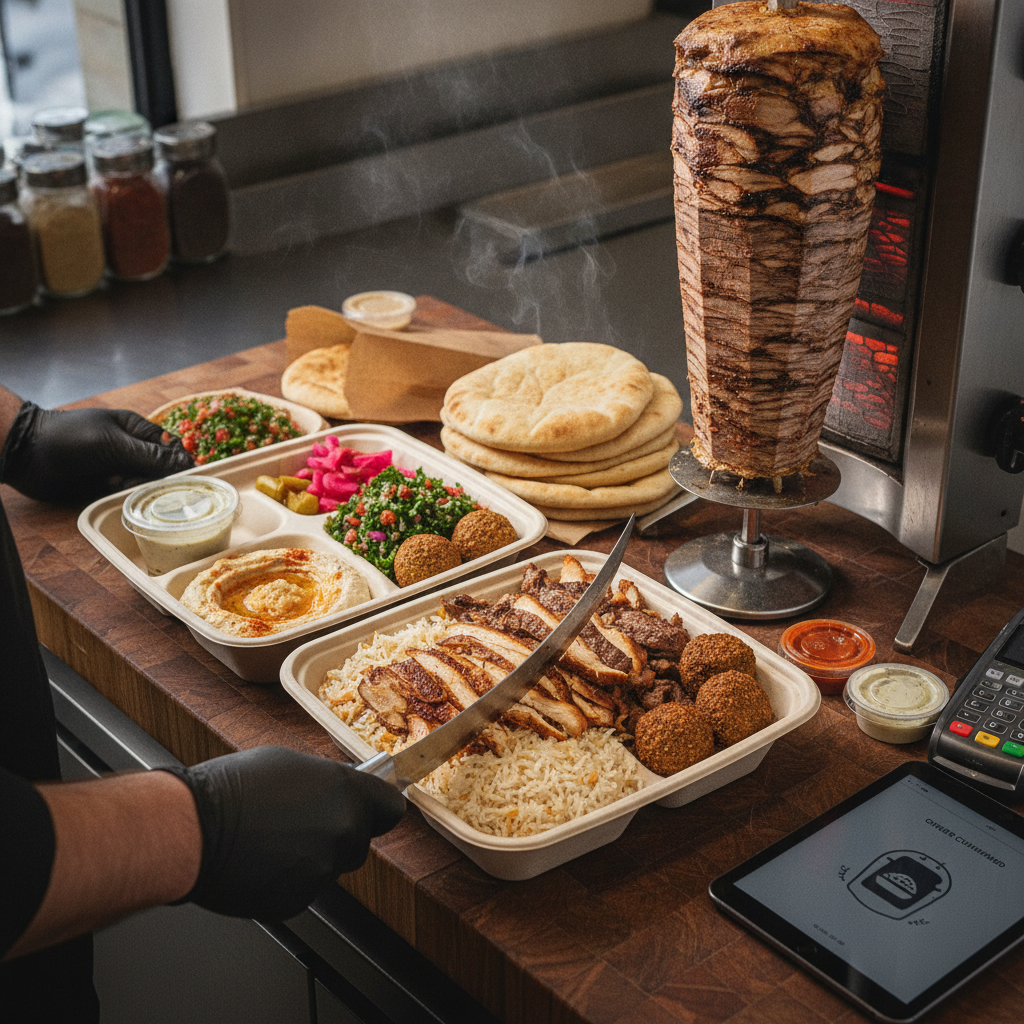 Close-up editorial detail related to online ordering for shawarma platters, authentic materials and process, realistic lighting, visually distinct com