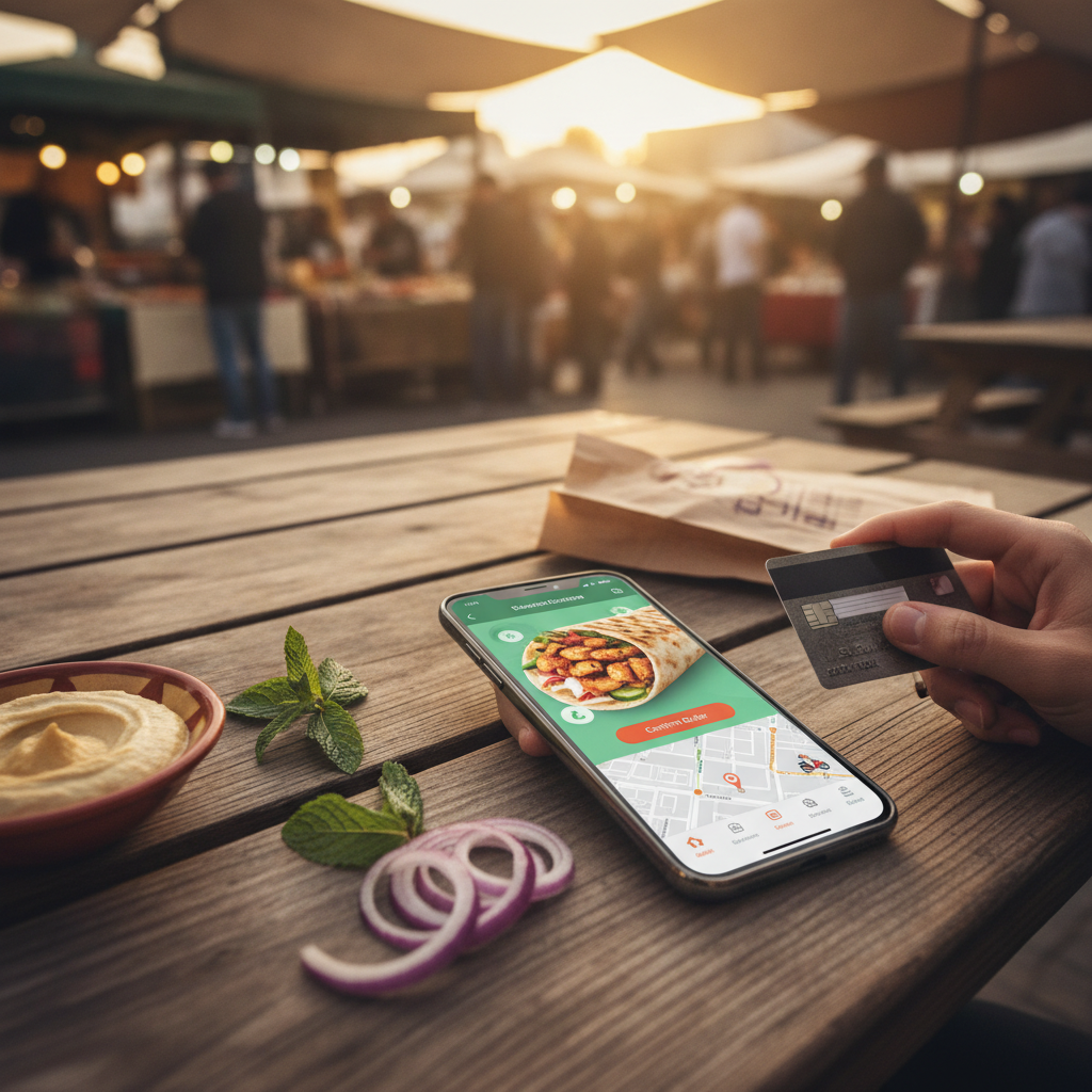Practical real-world scene related to order shawarma online, different perspective and setting, natural documentary style, no text, no labels, no wate