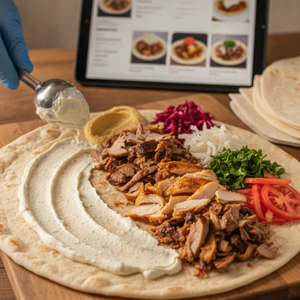 Close-up editorial detail related to order shawarma online, authentic materials and process, realistic lighting, visually distinct composition, no tex