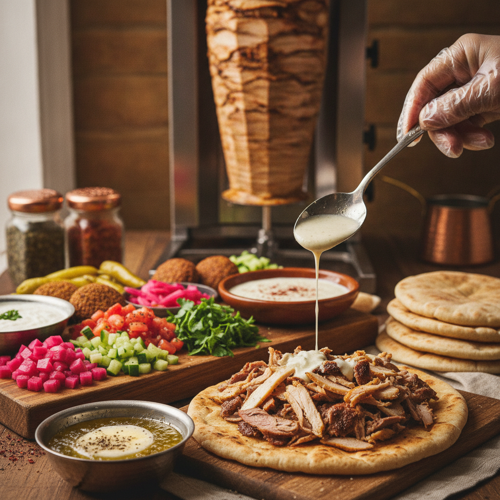 Close-up editorial detail related to authentic shawarma ingredients, authentic materials and process, realistic lighting, visually distinct compositio