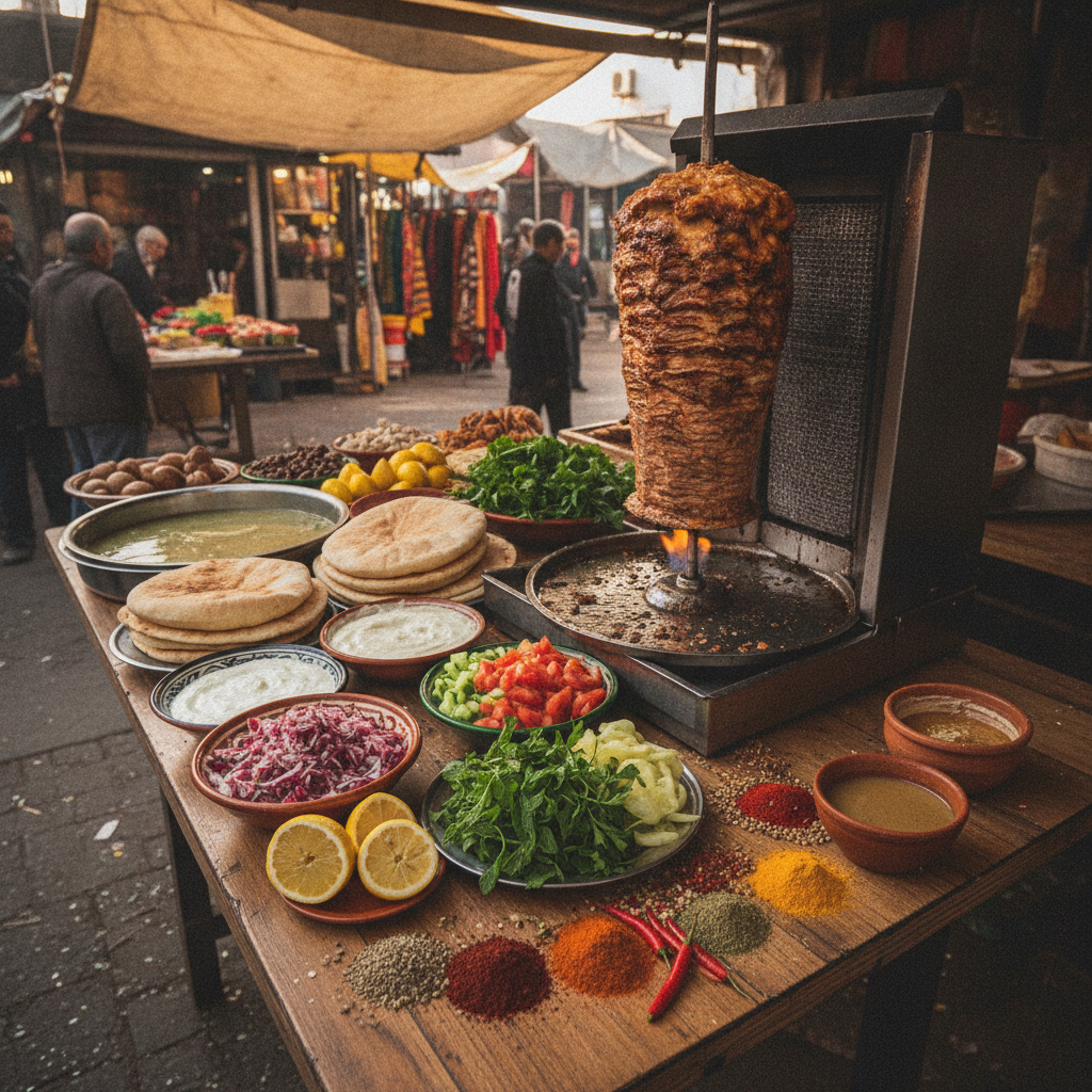 Practical real-world scene related to authentic shawarma ingredients, different perspective and setting, natural documentary style, no text, no labels