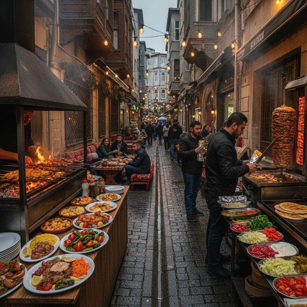 Practical real-world scene related to turkish cuisine vs shawarma, different perspective and setting, natural documentary style, no text, no labels, n