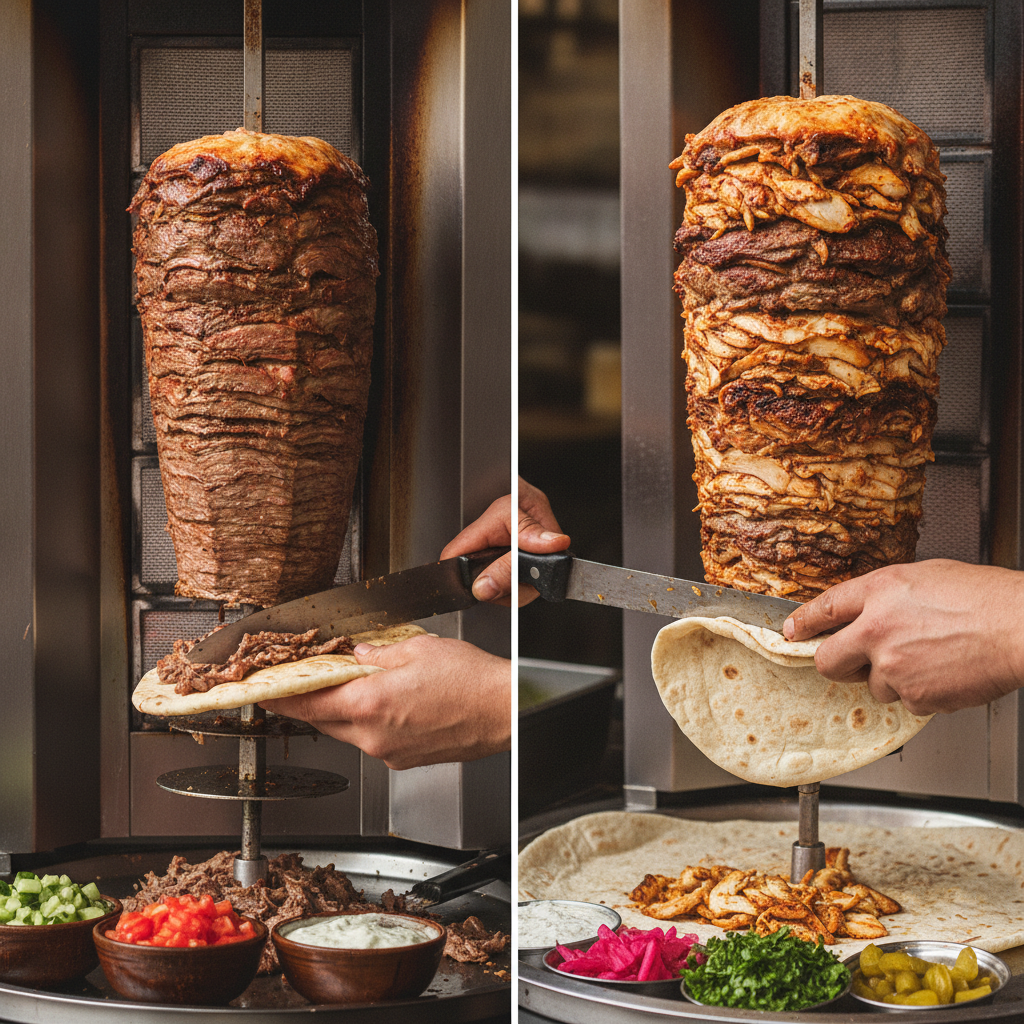 Close-up editorial detail related to turkish cuisine vs shawarma, authentic materials and process, realistic lighting, visually distinct composition,