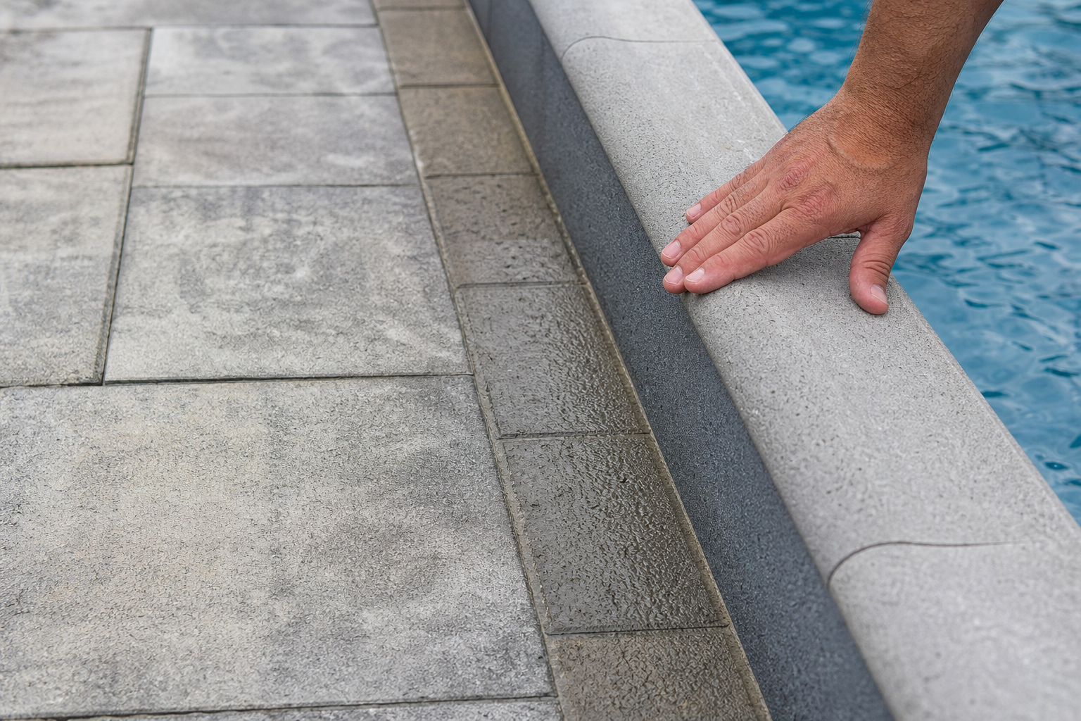 Safety, slip resistance, and coping integration to verify on site — interlocking for pool surrounds