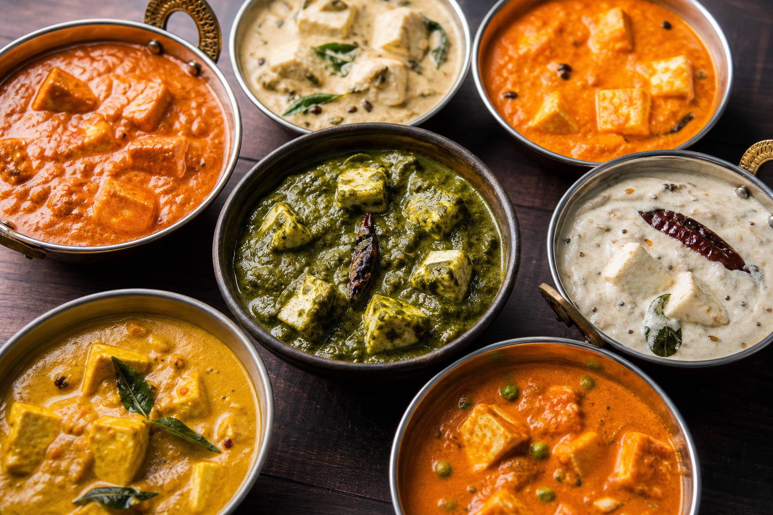Seven paneer curry varieties compared side by side — paneer curry varieties