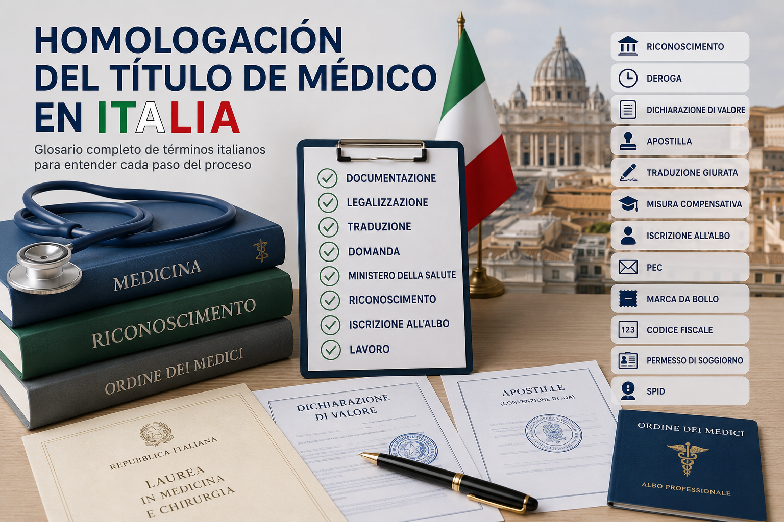 Glosario completo de términos italianos para la homologación del título de médico en Italia