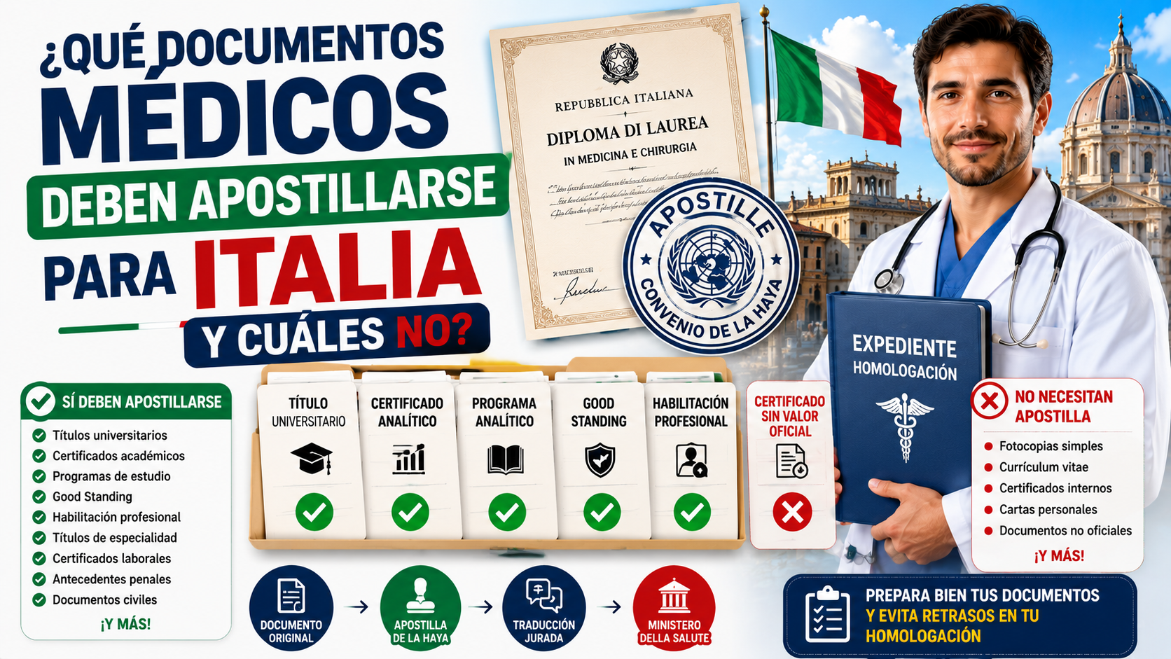 Qué documentos médicos deben apostillarse para Italia y cuáles no (2026)