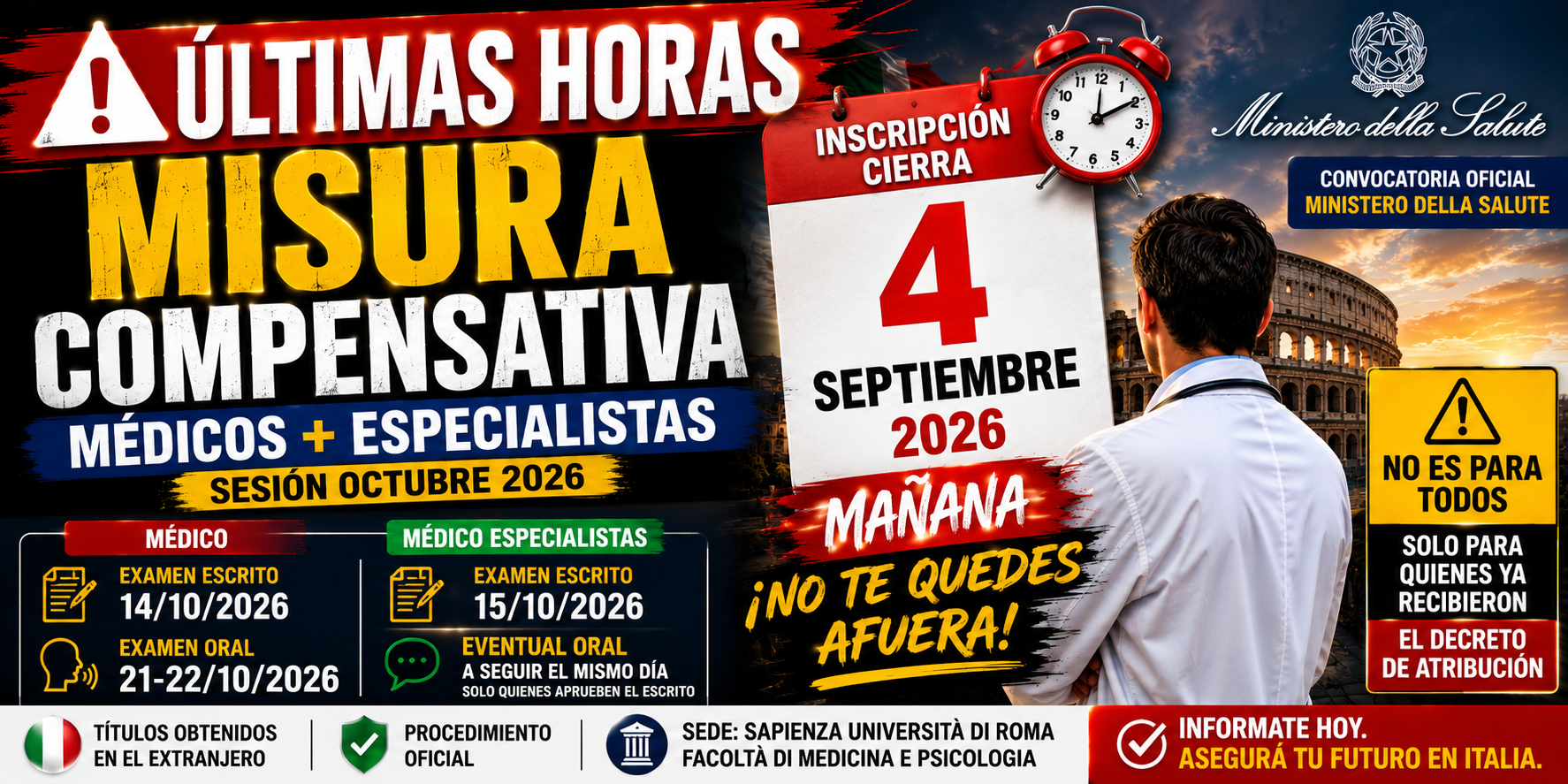 Mañana vence la inscripción para la Misura Compensativa de médicos y especialistas en Italia