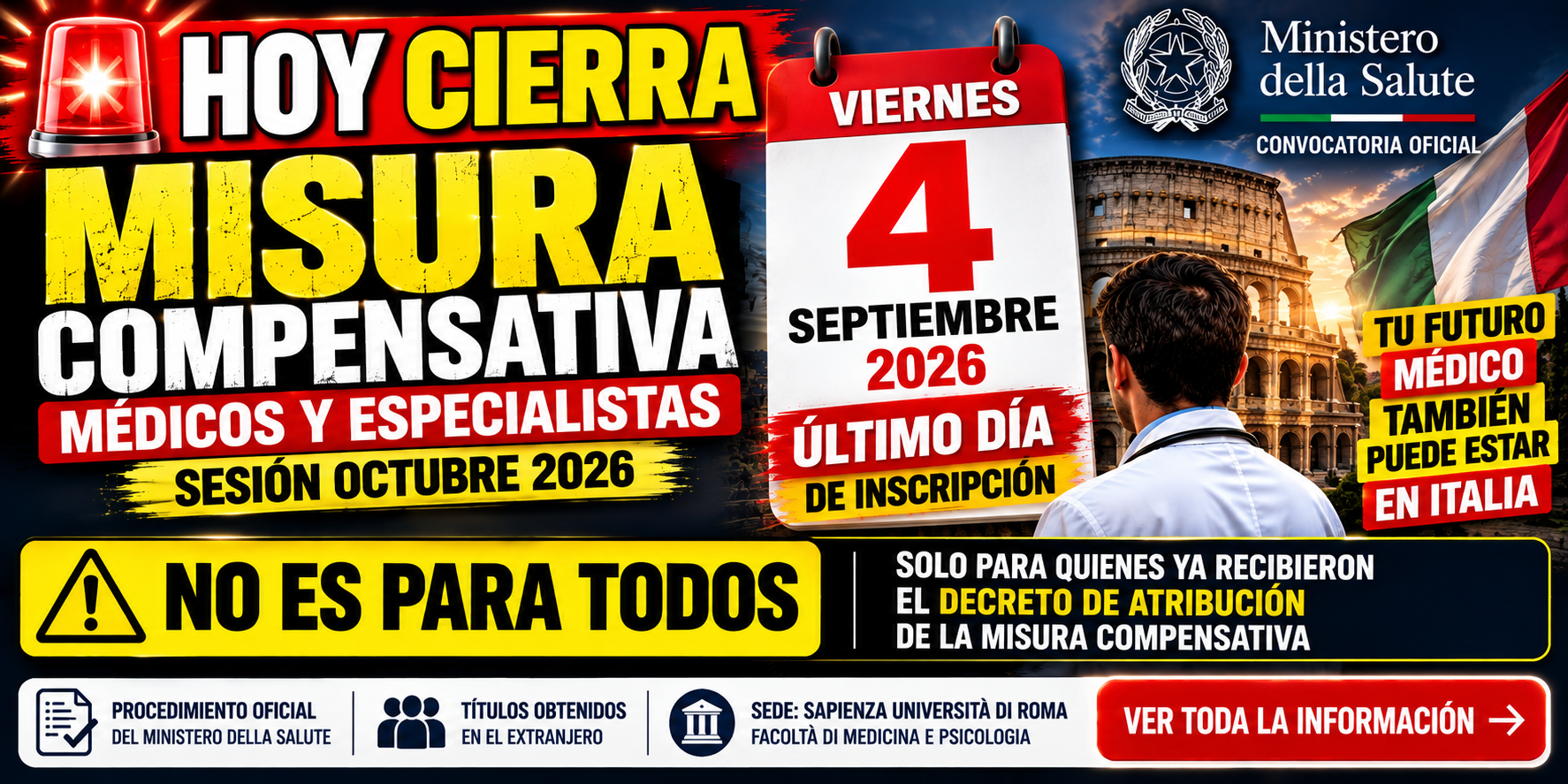 🚨 HOY vence la inscripción a la Misura Compensativa de médicos y especialistas en Italia
