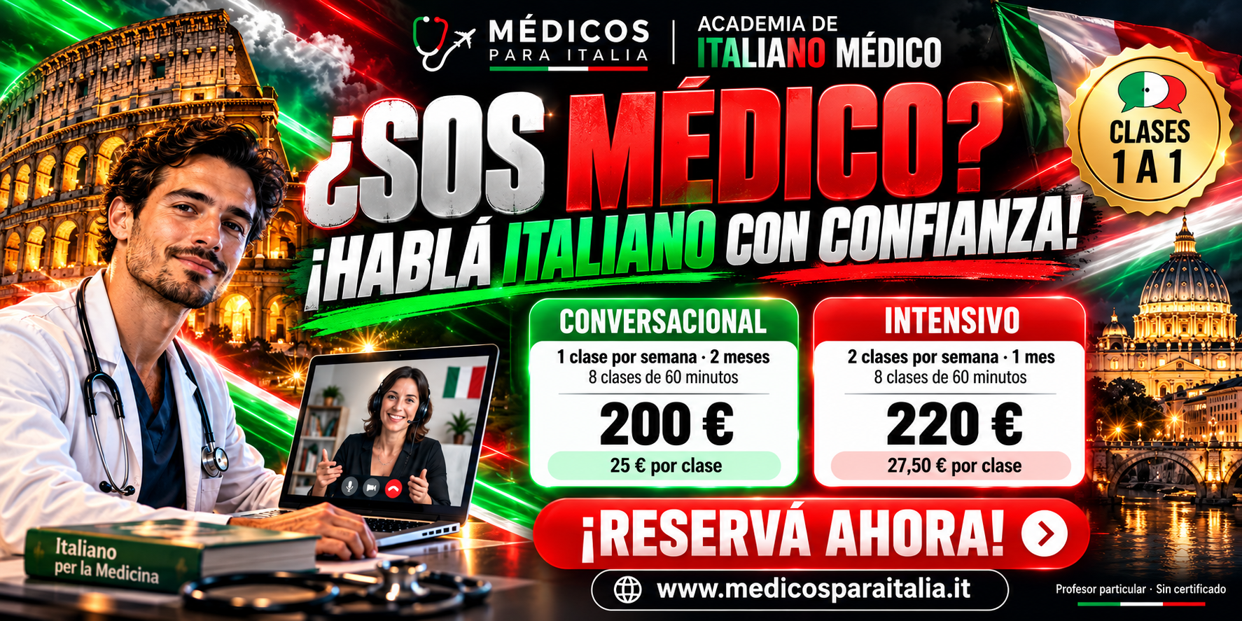 Academia de italiano médico: clases particulares conversacionales e intensivas 1 a 1