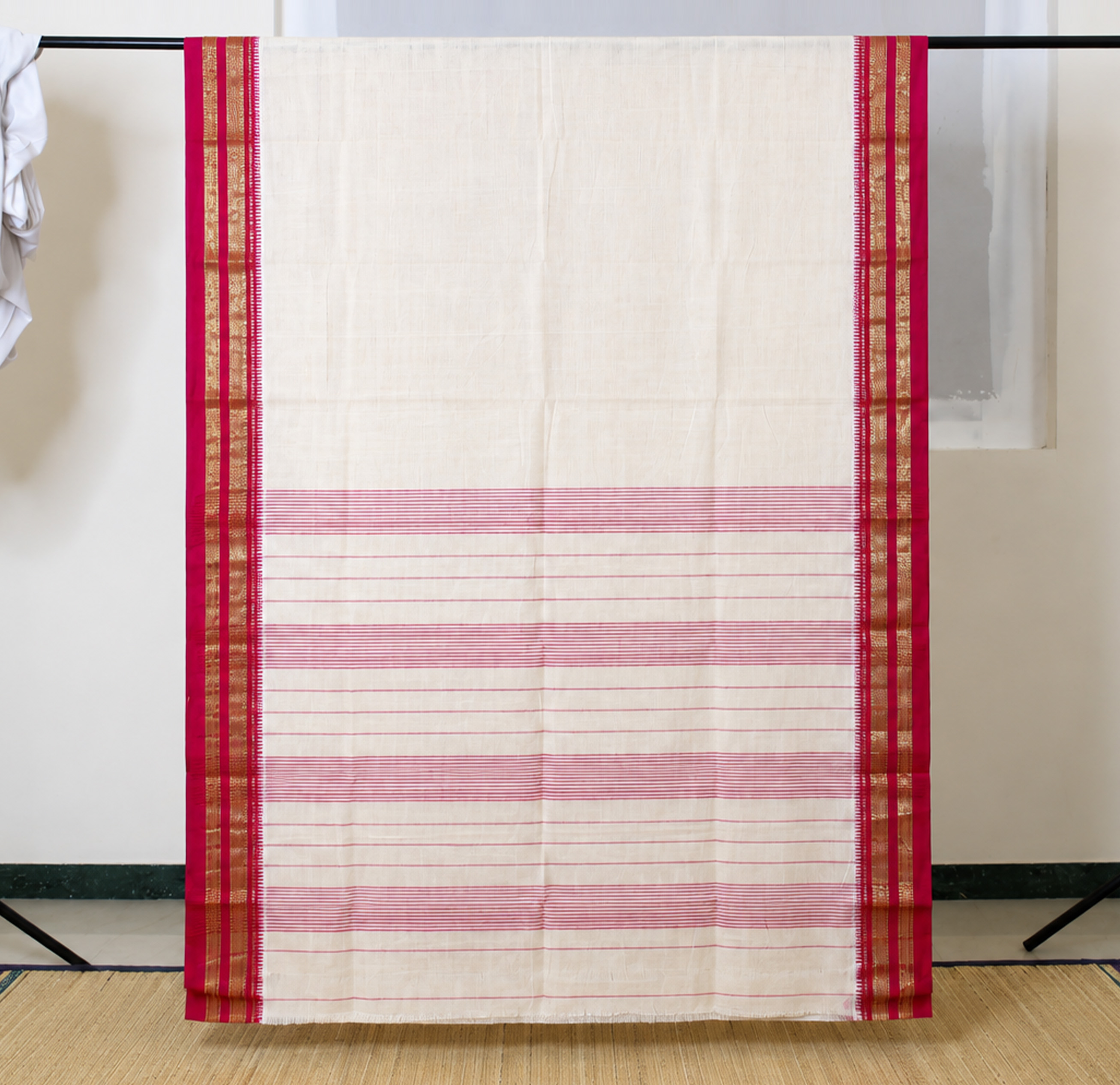 Off White Pink Zari Border