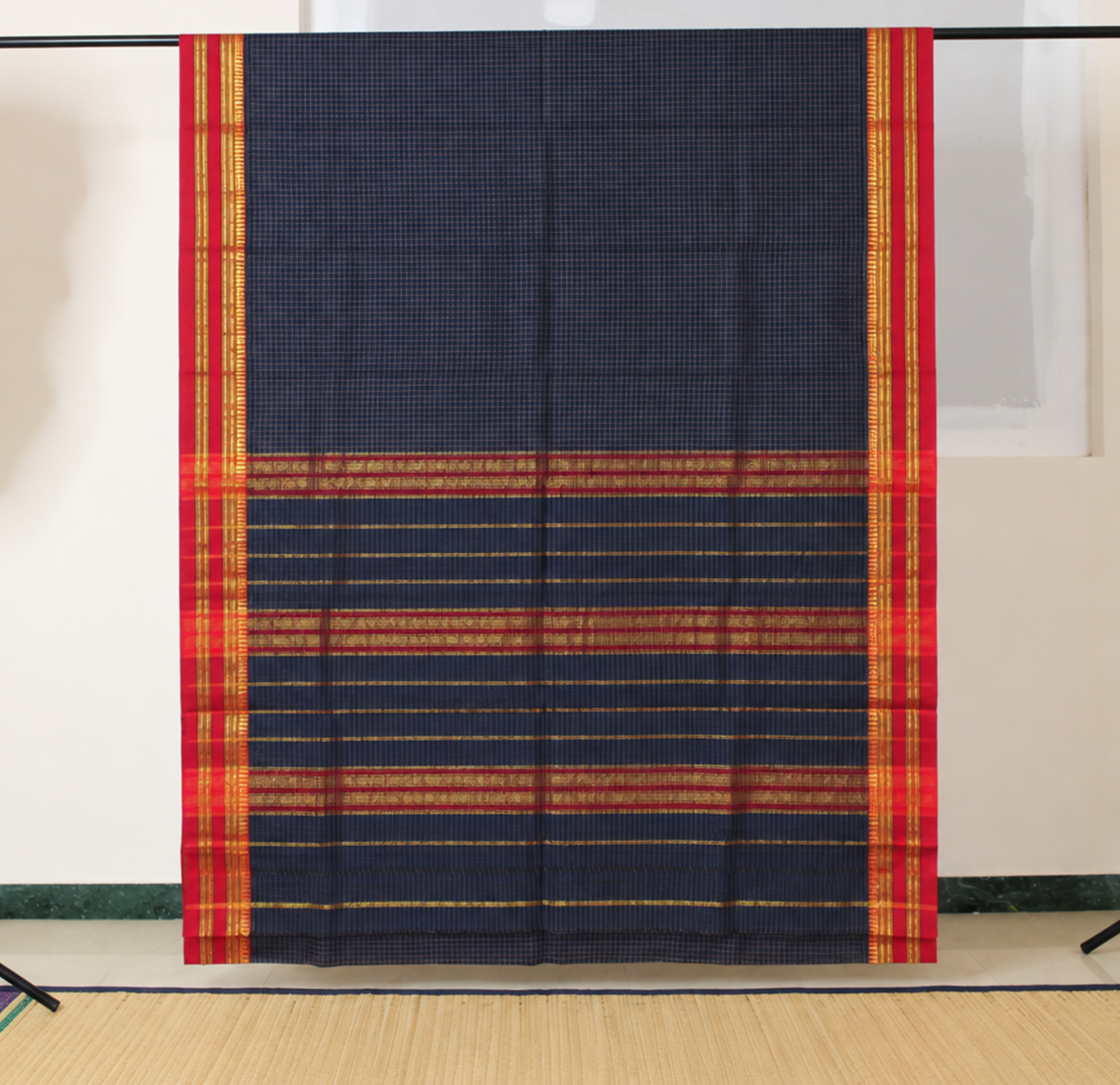 Navy Blue Checks Red Zari Border