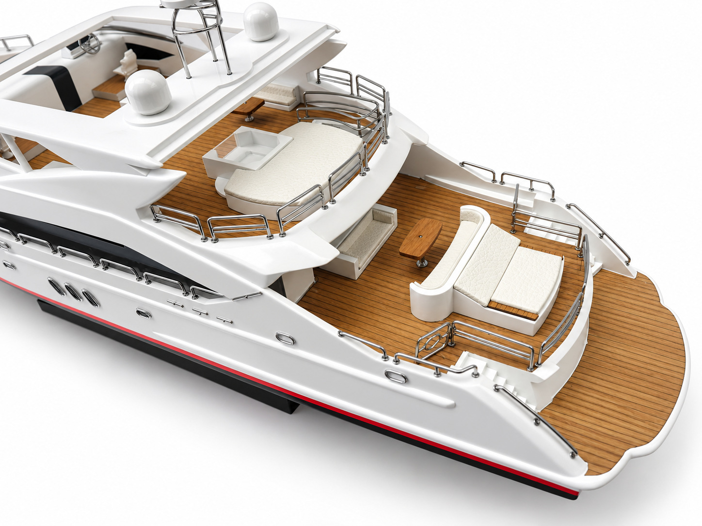 Gia Nhien Sunseeker Predator 130 ahşap model yat arka güverte ve kıç platformunda koltuk merdiven korkuluk detayları