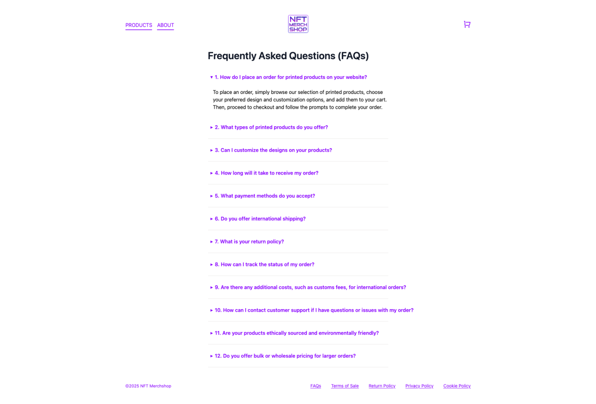NFT Merch Shop FAQs Page