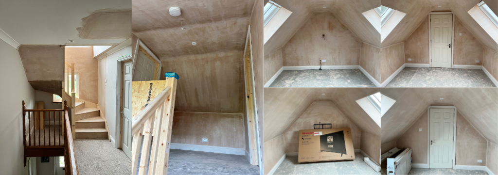 Photos collage of our loft conversion showing a new staircase and two rooms.