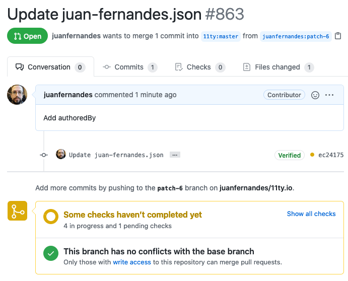 Shows a sucessfull pull request screen in GitHub