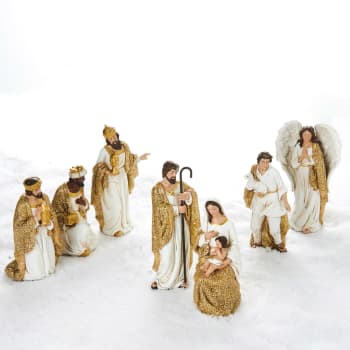Julekrybbe med gullglitter, 7 figurer 12–17 cm – Pobra