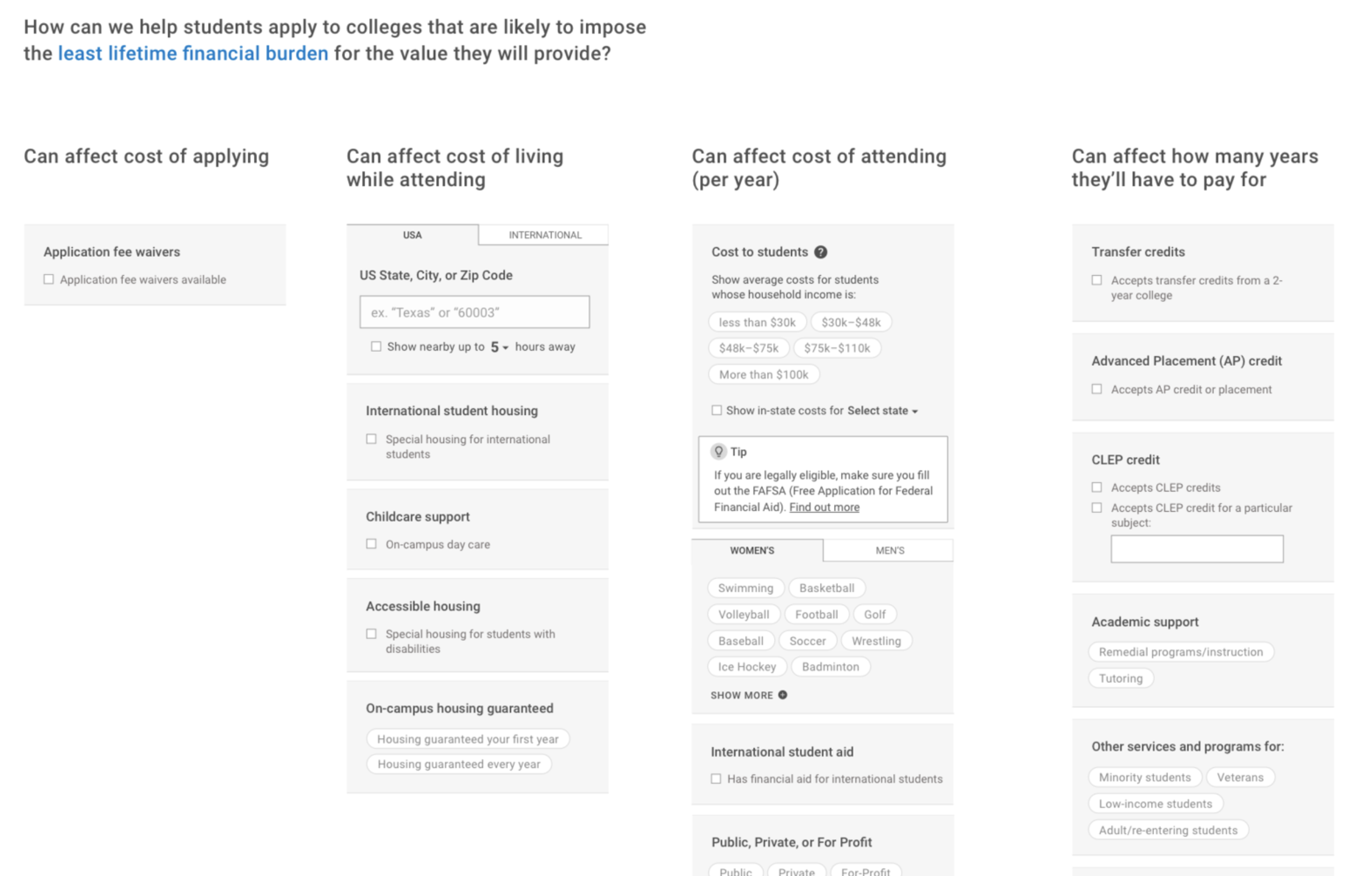 Wireframing filter options and organizing them based on the kinds of financial risks and burdens different factors of colleges impose on students