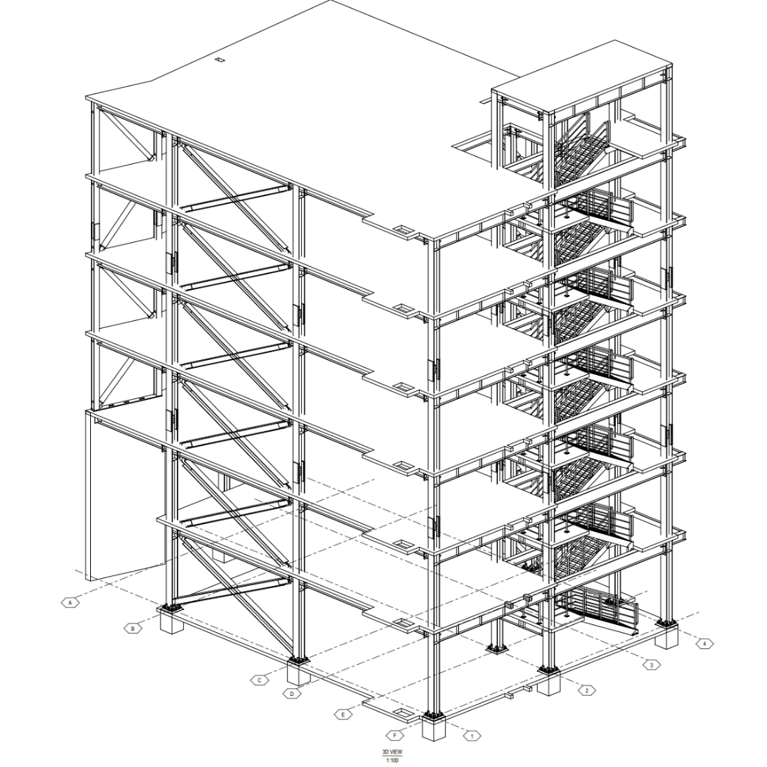 Braced Multi-storey Steel Building: isometric 3D drawing 1