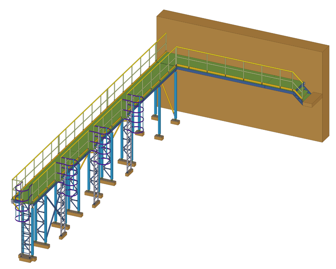 Maintenance Walkway & Caged Ladders — overall Tekla model showing elevated maintenance walkway
