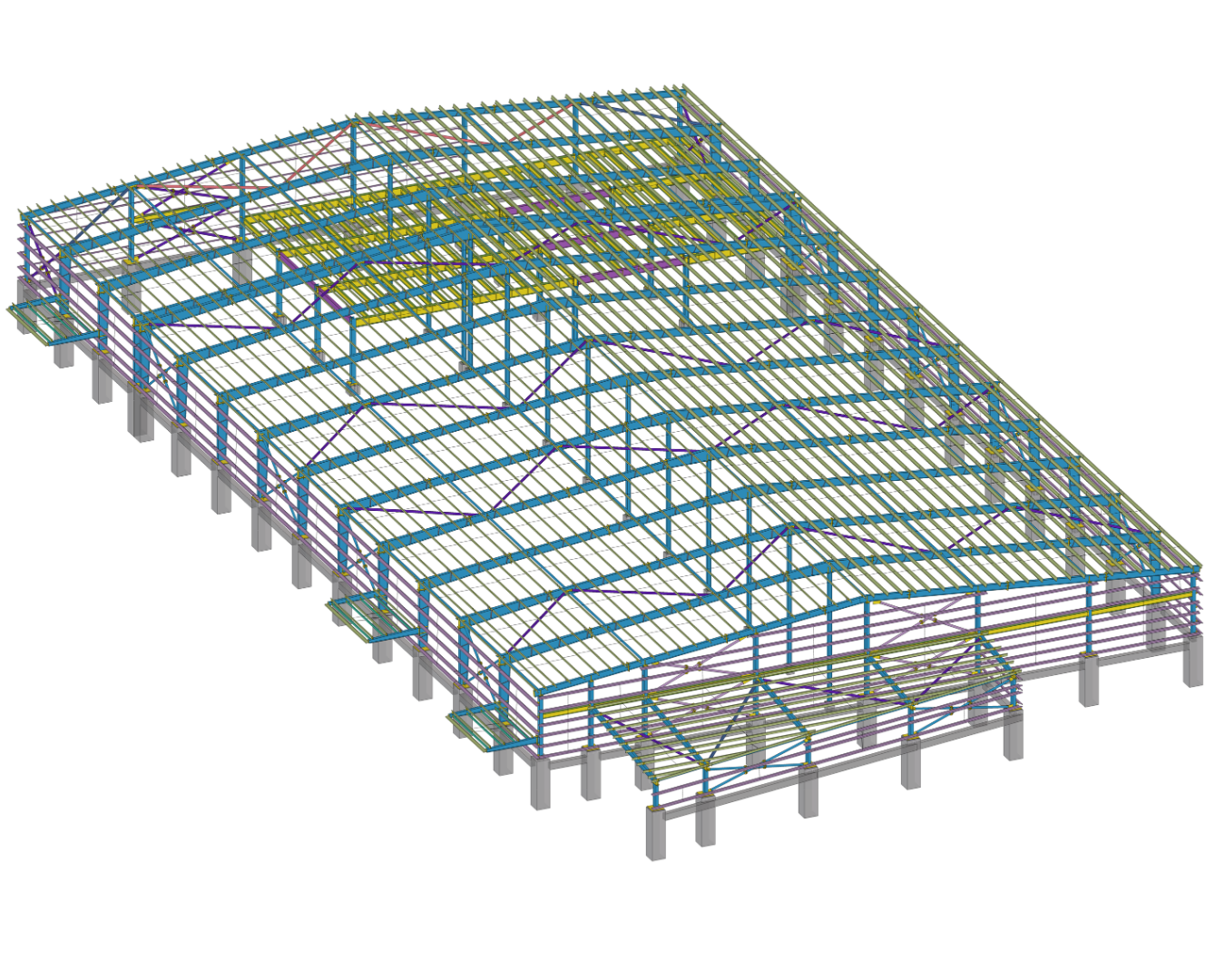 Industrial Portal-frame Building — overall Tekla model showing pitched-roof industrial building