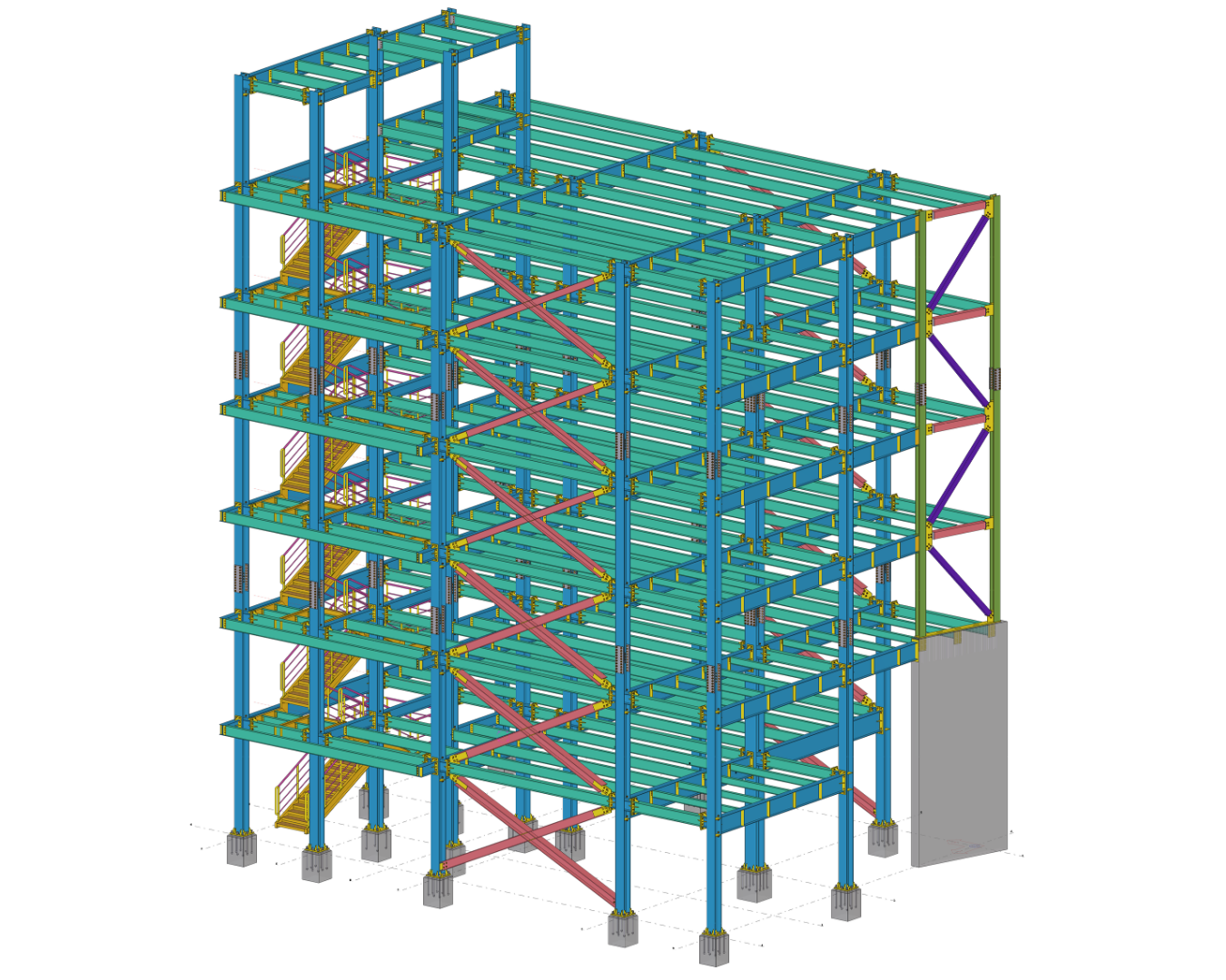 Braced Multi-storey Steel Building — overall Tekla model showing braced multi-storey frame