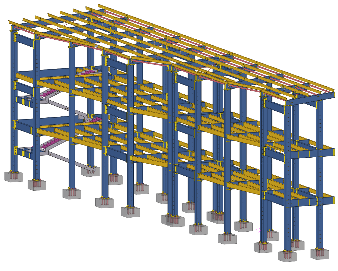 Multi-storey Steel Frame — overall Tekla model showing multi-level beam-and-column frame
