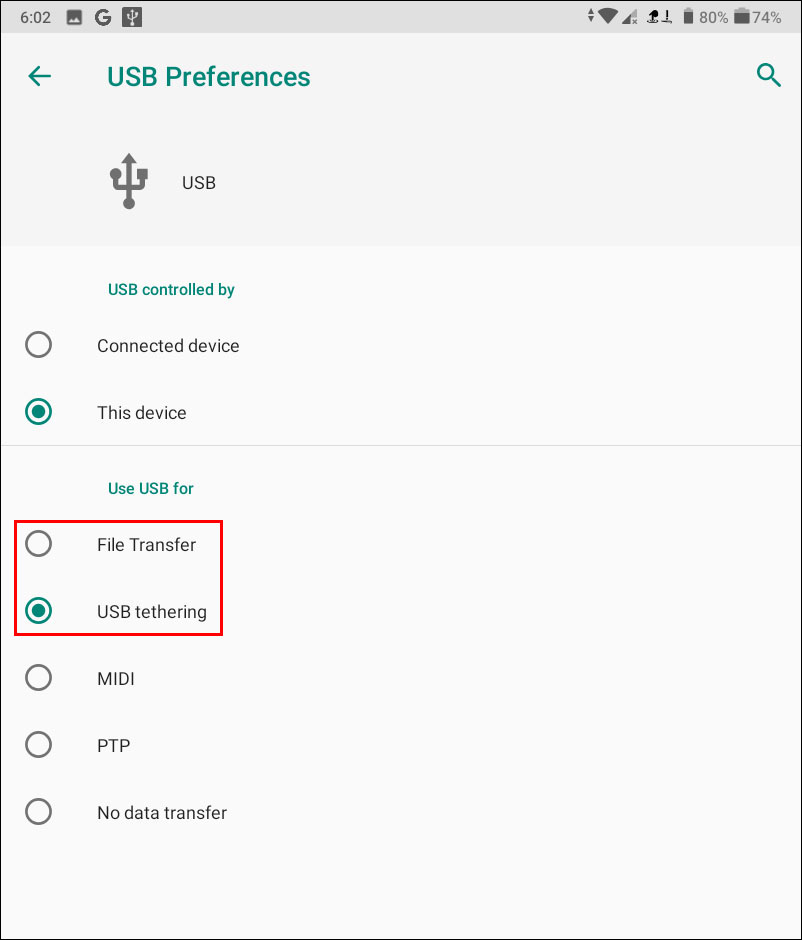 USB Preferences screen.