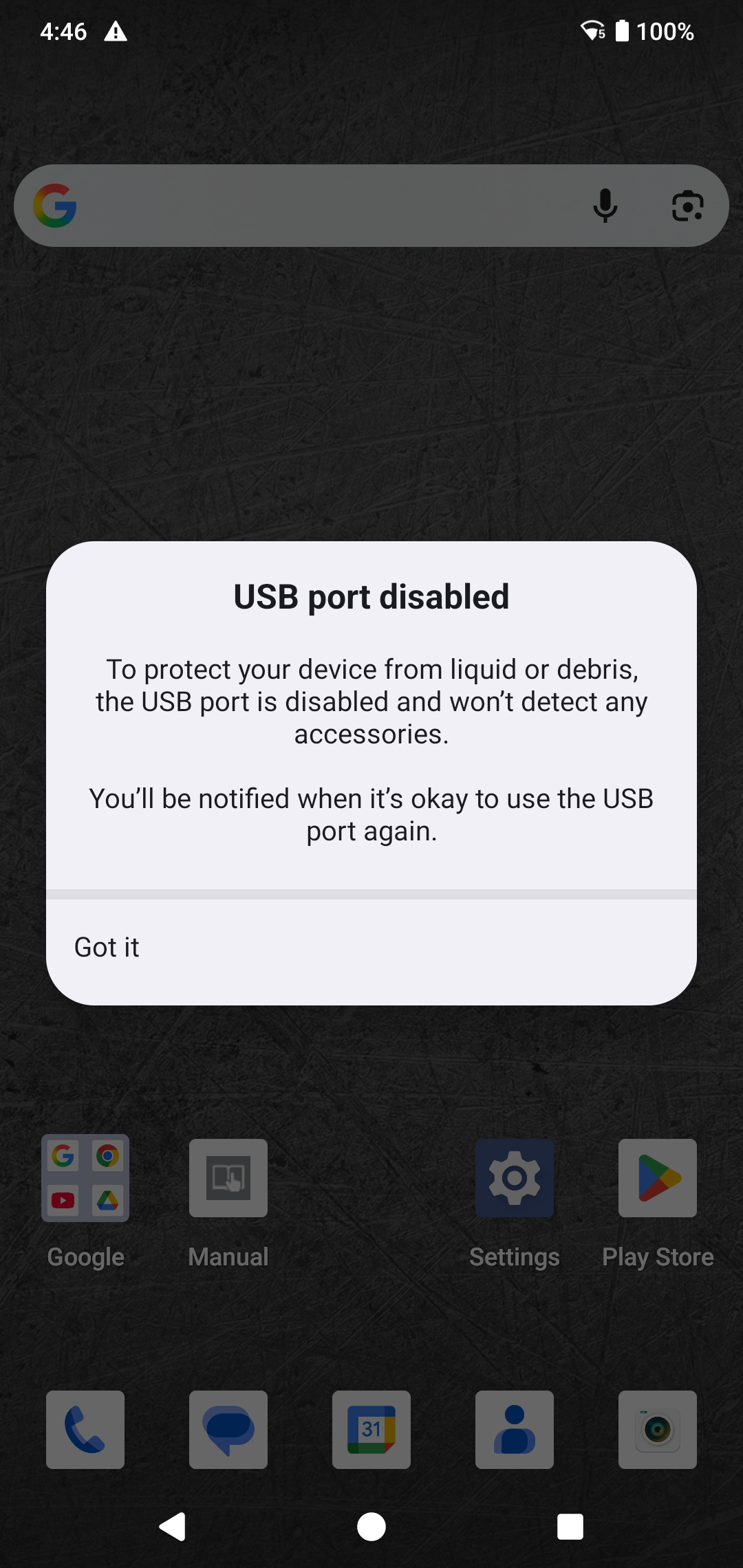 Android System Warning Message USB port disabled