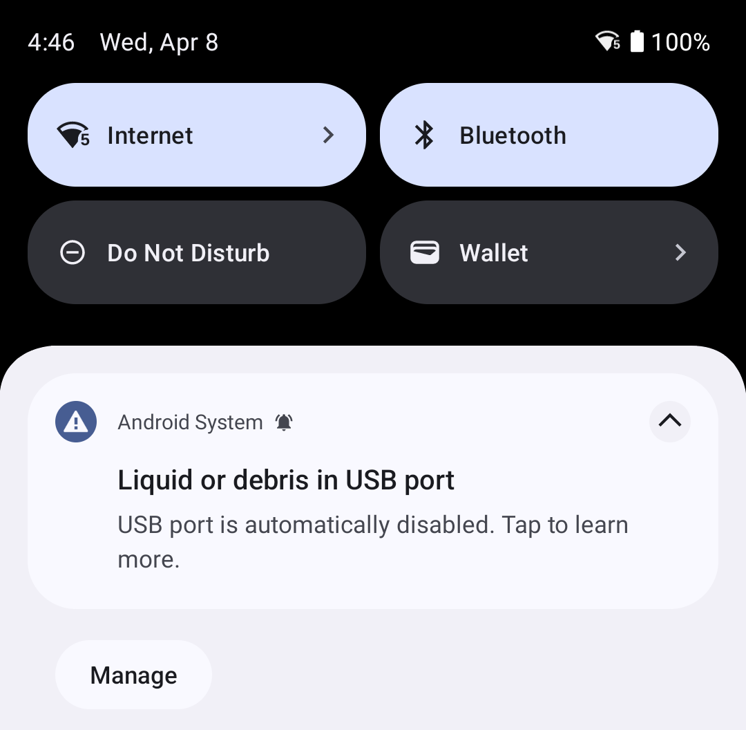 Android System Warning Liquid or debris detected