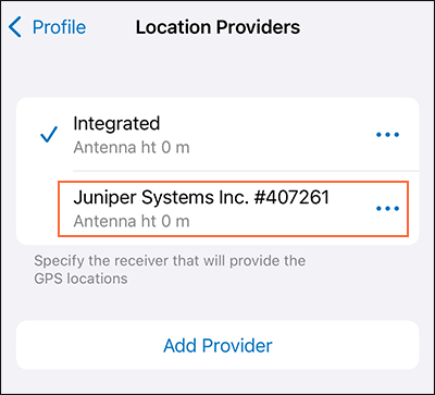 Screenshot of Juniper Systems receiver in list of location providers
