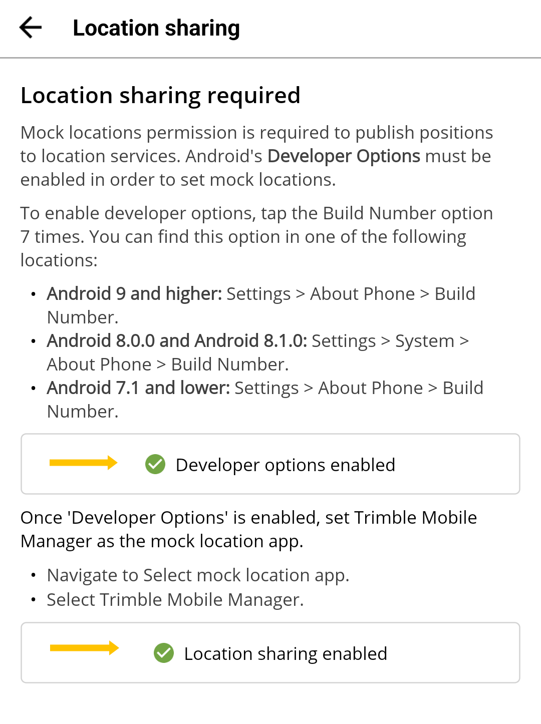 screenshot showing developer options and location sharing enabled