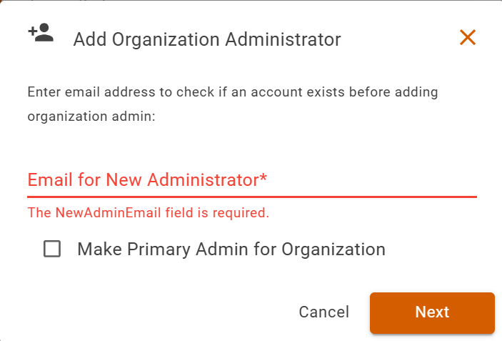 Add Organization Administrator dialog