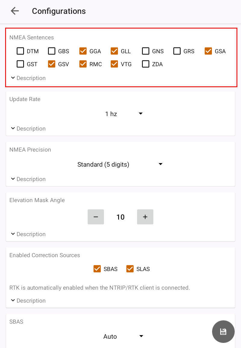 Receiver Configurations screen